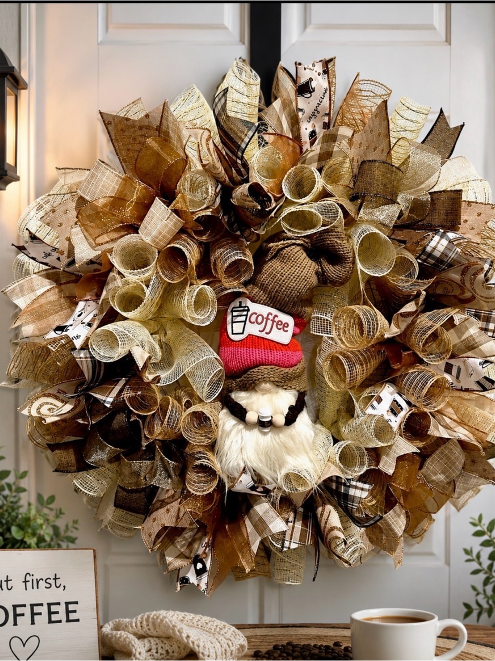 Handmade Coffee Lovers Gnome Wreath 22 inches Ribbon #W3